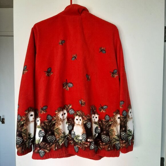 Vintage Blair Red Full Zip Leaf Owl Fleece Jacket Sweater Large - Picture 5 of 6